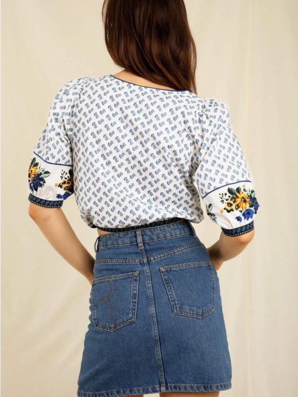 Rouje White Top with Blue Floral Embroidery
